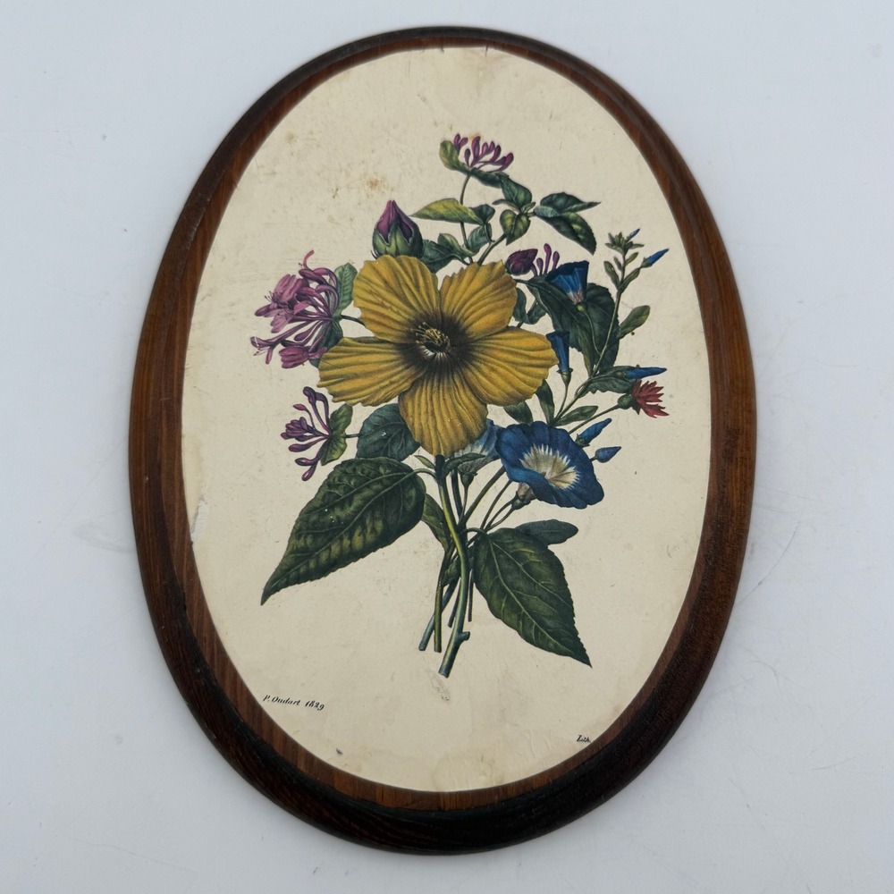 Vintage P Oudart 1829 Botanical Flower Oval Wood Wall Plaque Floral Art Decor